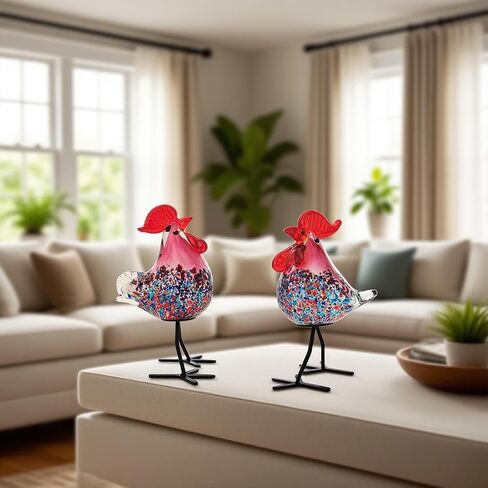 Glass Animals, Rooster Kitchen Decor, 2 Pcs Unique Gift Idea Hand-Blown Art Glass Figurines, Red in Kuwait