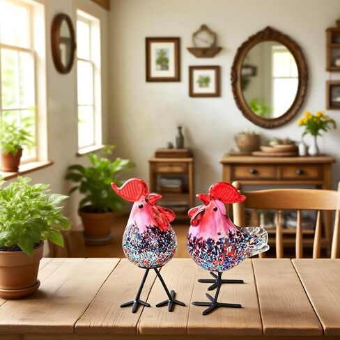 Glass Animals, Rooster Kitchen Decor, 2 Pcs Unique Gift Idea Hand-Blown Art Glass Figurines, Red in Kuwait