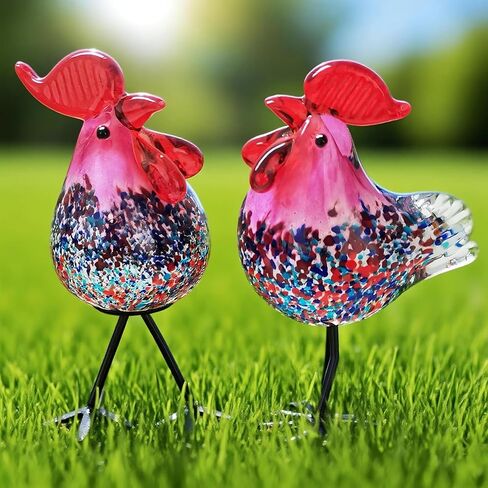 Glass Animals, Rooster Kitchen Decor, 2 Pcs Unique Gift Idea Hand-Blown Art Glass Figurines, Red in Kuwait