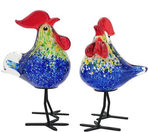 Glass Animals, Rooster Kitchen Decor, 2 Pcs Unique Gift Idea Hand-Blown Art Glass Figurines, Red in Kuwait