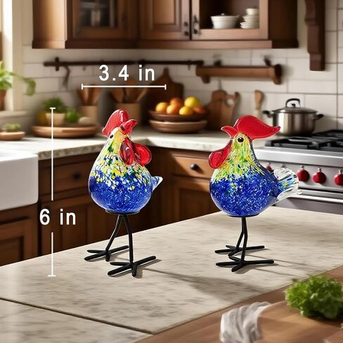 Glass Animals, Rooster Kitchen Decor, 2 Pcs Unique Gift Idea Hand-Blown Art Glass Figurines, Red in Kuwait