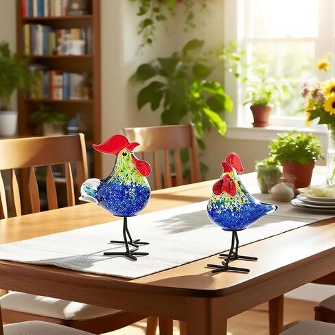 Glass Animals, Rooster Kitchen Decor, 2 Pcs Unique Gift Idea Hand-Blown Art Glass Figurines, Red in Kuwait