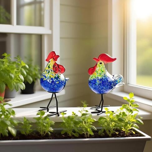 Glass Animals, Rooster Kitchen Decor, 2 Pcs Unique Gift Idea Hand-Blown Art Glass Figurines, Red in Kuwait