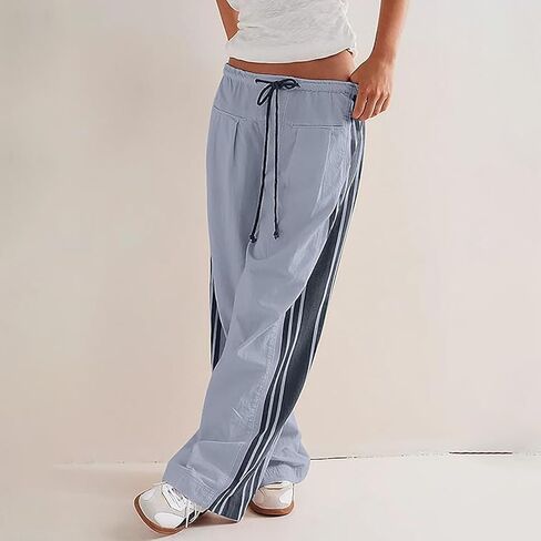 Yeenily Wide Leg Sweatpants Women Striped Drawstring Fall Pants Baggy Low Rise Drawstring Sport Sweatpants with Pocket in Kuwait