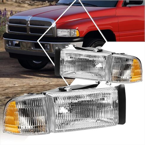 PM PERFORMOTOR [4Pcs-Set] Headlights Assembly+Corner Lamps Compatible with 94-02 Dodge Ram 1500-3500,Chrome Housing/Amber Corner in Saudi Arabia