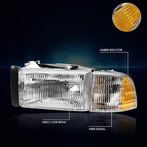 PM PERFORMOTOR [4Pcs-Set] Headlights Assembly+Corner Lamps Compatible with 94-02 Dodge Ram 1500-3500,Chrome Housing/Amber Corner in Saudi Arabia