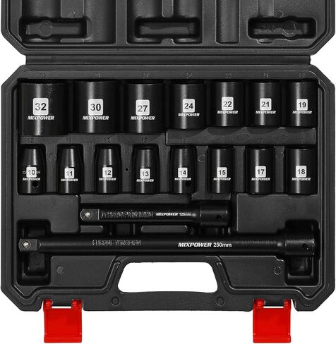 MIXPOWER 1/2 بوصة مجموعة مقابس ضحلة للمحرك مقاس متري 10 مم - 32 مم CR-V مشروع ميكانيكي وإصلاح 6 نقاط 20 قطعة 1/2 بوصة مجموعة مقابس ضحلة مع شريط تمديد ومفاصل عالمية in Saudi Arabia