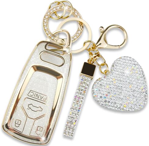 متوافق مع غطاء Audi A4 A5 Q5 Q7 Key Fob مع سلسلة مفاتيح على شكل قلب، متوافق مع Audi A6 A7 A8 / S4 S5 S8 SQ5 SQ7 / RS4 RS5 R8 TTRS TTS TT / B9 C8 D5 F5 Q2 / FY 4M FV (4 أزرار-ذهبي) in Kuwait