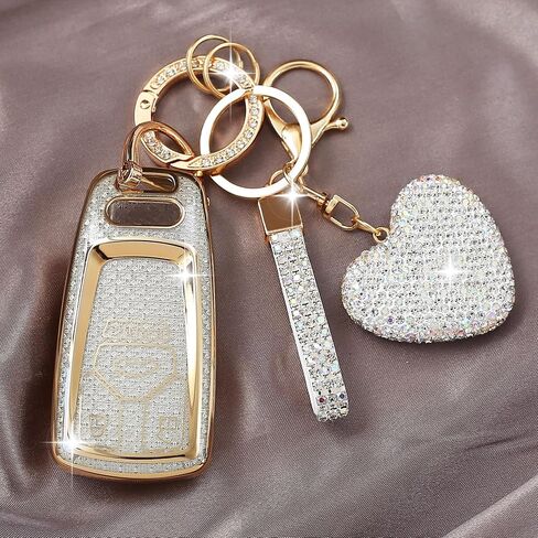 متوافق مع غطاء Audi A4 A5 Q5 Q7 Key Fob مع سلسلة مفاتيح على شكل قلب، متوافق مع Audi A6 A7 A8 / S4 S5 S8 SQ5 SQ7 / RS4 RS5 R8 TTRS TTS TT / B9 C8 D5 F5 Q2 / FY 4M FV (4 أزرار-ذهبي) in Kuwait