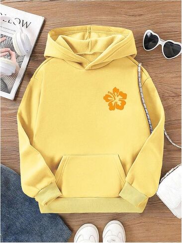 Verdusa Girl's Floral Letter Graphic Hoodie Sweatshirt Cute Pullover Tops with Pockets in Saudi Arabia