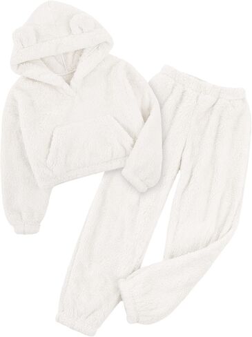 2 Piece Girls Fuzzy Bear Ear Hoodie Sweatshirt and Sweatpant Warm Long Sleeve Fluffy Sweatsuit Kids Clothing Sets in Kuwait