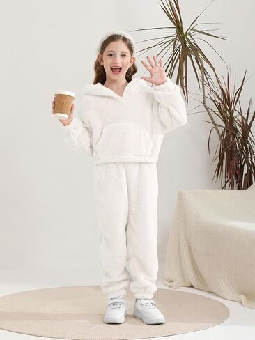 2 Piece Girls Fuzzy Bear Ear Hoodie Sweatshirt and Sweatpant Warm Long Sleeve Fluffy Sweatsuit Kids Clothing Sets in Kuwait