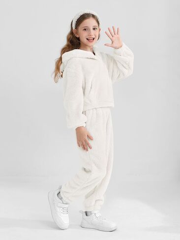 2 Piece Girls Fuzzy Bear Ear Hoodie Sweatshirt and Sweatpant Warm Long Sleeve Fluffy Sweatsuit Kids Clothing Sets in Kuwait