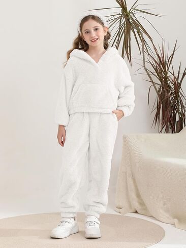 2 Piece Girls Fuzzy Bear Ear Hoodie Sweatshirt and Sweatpant Warm Long Sleeve Fluffy Sweatsuit Kids Clothing Sets in Kuwait