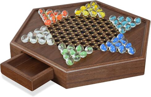 Chinese Checkers Set, 15 Inch Wooden Checkers Board Game with 60+12 Colorful Glass Marbles Fun Family Chinese Checkers Game for 2-6 Players in Saudi Arabia