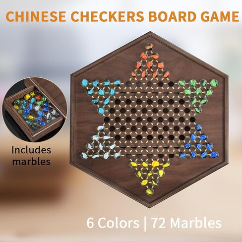 Chinese Checkers Set, 15 Inch Wooden Checkers Board Game with 60+12 Colorful Glass Marbles Fun Family Chinese Checkers Game for 2-6 Players in Saudi Arabia