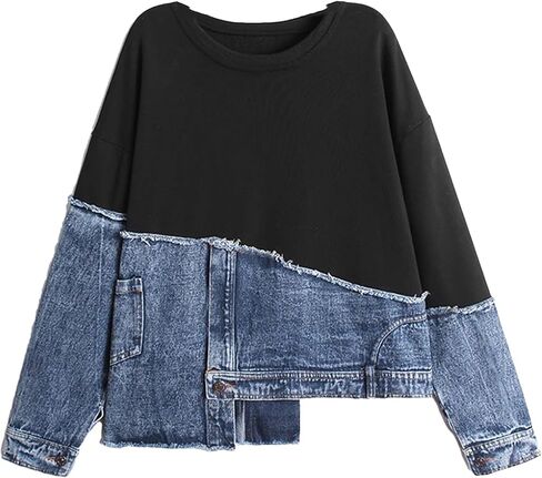 Women Irregular Casual Denim Sweatshirt Round Neck Long Sleeve Boyfriend Coat in Saudi Arabia