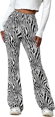 SOLY HUX Women's Zebra Striped Flare Leg Pants Elastic High Waisted Casual Long Pants Trousers in Kuwait