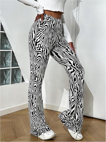SOLY HUX Women's Zebra Striped Flare Leg Pants Elastic High Waisted Casual Long Pants Trousers in Kuwait