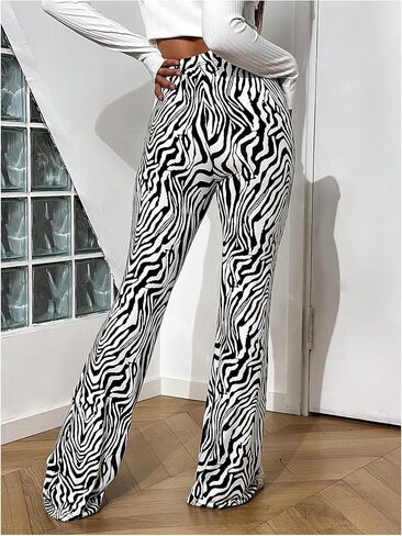 SOLY HUX Women's Zebra Striped Flare Leg Pants Elastic High Waisted Casual Long Pants Trousers in Kuwait