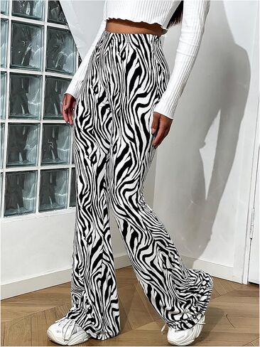 SOLY HUX Women's Zebra Striped Flare Leg Pants Elastic High Waisted Casual Long Pants Trousers in Kuwait