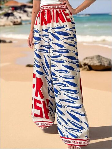 MakeMeChic Women's Boho Fish Print Wide Leg Pants Elastic Waist Loose Fit Trousers with Pockets in Kuwait