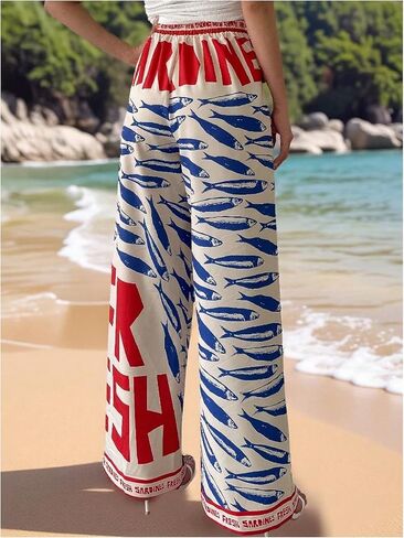 MakeMeChic Women's Boho Fish Print Wide Leg Pants Elastic Waist Loose Fit Trousers with Pockets in Kuwait