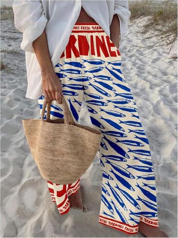 MakeMeChic Women's Boho Fish Print Wide Leg Pants Elastic Waist Loose Fit Trousers with Pockets in Kuwait