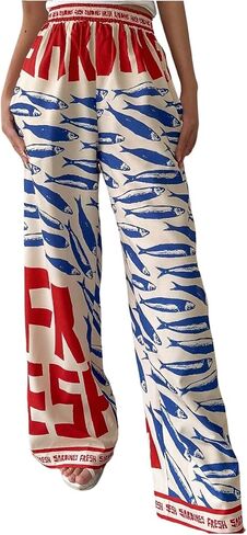 MakeMeChic Women's Boho Fish Print Wide Leg Pants Elastic Waist Loose Fit Trousers with Pockets in Kuwait