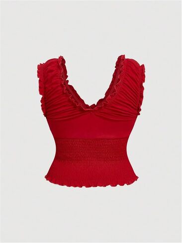 WDIRARA Women's Plus Size V Neck Smocked Tank Top Frill Trim Ruched Sleeveless Crop Tops in Saudi Arabia