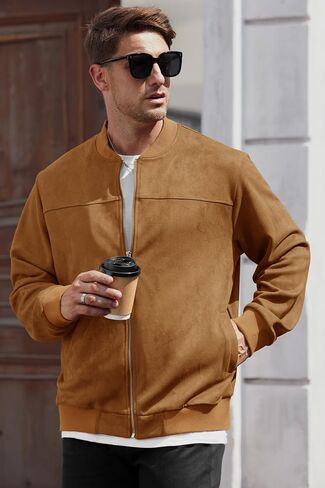 Men’s Bomber Jacket Faux Suede Lightweight Casual Zip up Flight Coat (S-XXL) in Saudi Arabia