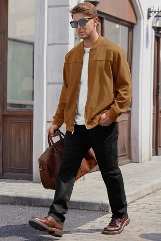 Men’s Bomber Jacket Faux Suede Lightweight Casual Zip up Flight Coat (S-XXL) in Saudi Arabia