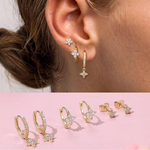 3 Pairs 14K Gold Earrings 925 Sterling Silver Stud Earring Huggie Earrings Set Dainty Gold Earrings Small Hoop Earrings Jewelry Cartilage Earrings in Saudi Arabia