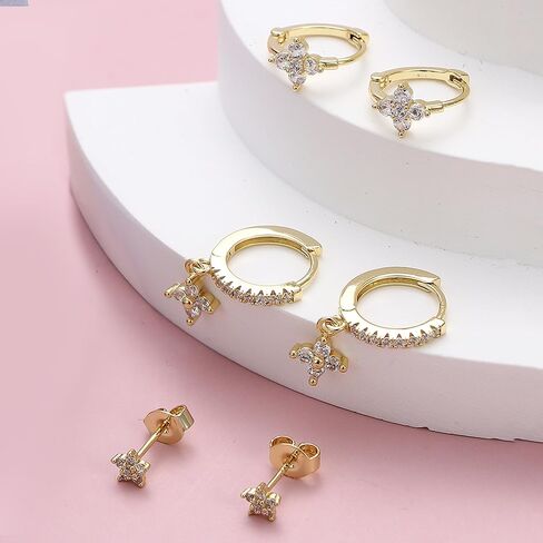 3 Pairs 14K Gold Earrings 925 Sterling Silver Stud Earring Huggie Earrings Set Dainty Gold Earrings Small Hoop Earrings Jewelry Cartilage Earrings in Saudi Arabia