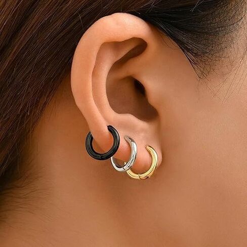 6 pairs - Hypoallergenic Hoop Earrings for Sensitive Ears – Small Gold, Silver & Black Huggie Hoops, Titanium & Surgical Steel, Lightweight & Comfortable, Perfect for Daily Wear, Weddings & Parties in Saudi Arabia
