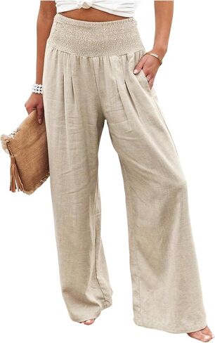 GORGLITTER Women's Plus Size Pleated Wide Leg Linen Pants Baggy Shirred Elastic Waist Trousers with Pockets in Saudi Arabia