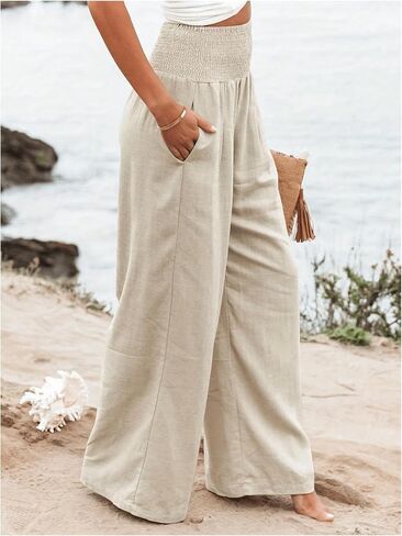 GORGLITTER Women's Plus Size Pleated Wide Leg Linen Pants Baggy Shirred Elastic Waist Trousers with Pockets in Saudi Arabia