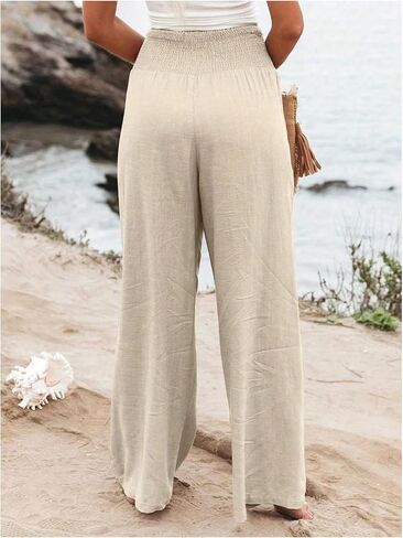 GORGLITTER Women's Plus Size Pleated Wide Leg Linen Pants Baggy Shirred Elastic Waist Trousers with Pockets in Saudi Arabia