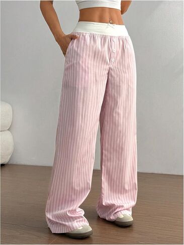 Milumia Women's Colorblock Striped Long Pants Bow Tie Button Front Loose Fit Casual Pants in Saudi Arabia