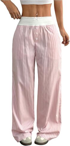 Milumia Women's Colorblock Striped Long Pants Bow Tie Button Front Loose Fit Casual Pants in Saudi Arabia