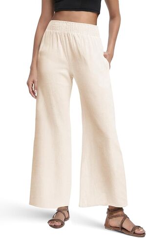 Urban CoCo Women's Elastic Waist Lightweight Linen Pants Wide Leg Palazzo Flowy Trousers for Beach Summer in Saudi Arabia