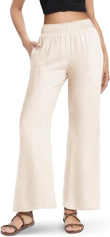 Urban CoCo Women's Elastic Waist Lightweight Linen Pants Wide Leg Palazzo Flowy Trousers for Beach Summer in Saudi Arabia