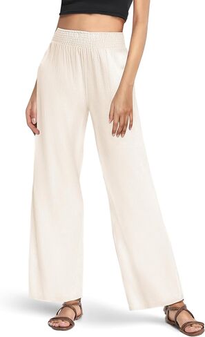 Urban CoCo Women's Elastic Waist Lightweight Linen Pants Wide Leg Palazzo Flowy Trousers for Beach Summer in Saudi Arabia