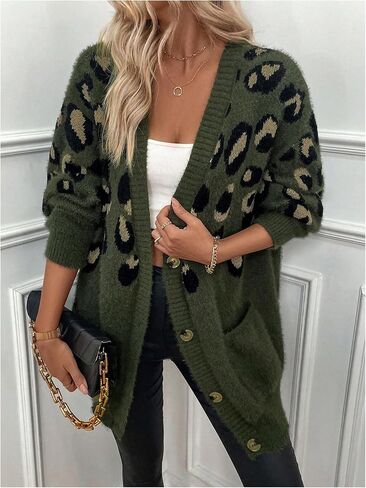 OYOANGLE Women's Leopard Print Fuzzy Cardigan Sweater Button Down Draped Sweaters with Pocket in Saudi Arabia