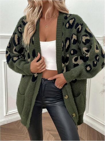 OYOANGLE Women's Leopard Print Fuzzy Cardigan Sweater Button Down Draped Sweaters with Pocket in Saudi Arabia