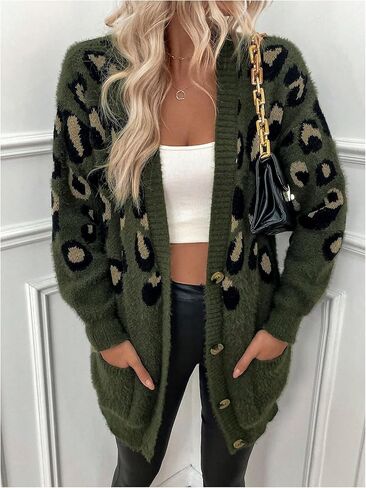 OYOANGLE Women's Leopard Print Fuzzy Cardigan Sweater Button Down Draped Sweaters with Pocket in Saudi Arabia