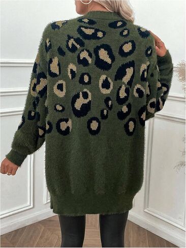 OYOANGLE Women's Leopard Print Fuzzy Cardigan Sweater Button Down Draped Sweaters with Pocket in Saudi Arabia