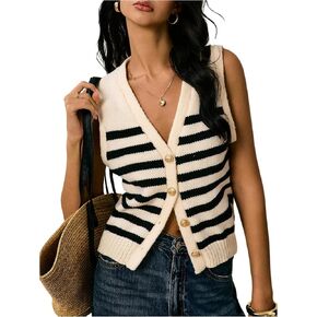 SHENHE Women's Striped Sweater Vest Button Up V Neck Sleeveless Fall Fashion Knit Vest in Saudi Arabia