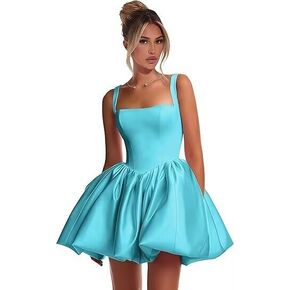 فساتين قصيرة من الساتان لحفلات العودة للوطن للمراهقين بأشرطة السباغيتي والكشكشة على شكل حرف A in Kuwait