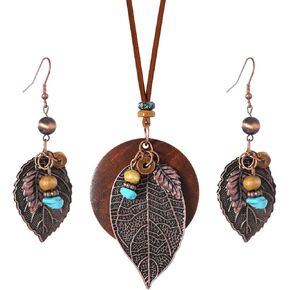 مجموعة القلائد الجلدية الخشبية البوهيمي الخشب المكدس أقراص سلسلة طويلة حبل القنب البرونزية مطلي قلادة العرقية القبلية الخريف ليف أقراط مجوهرات بيان قلادة in Kuwait